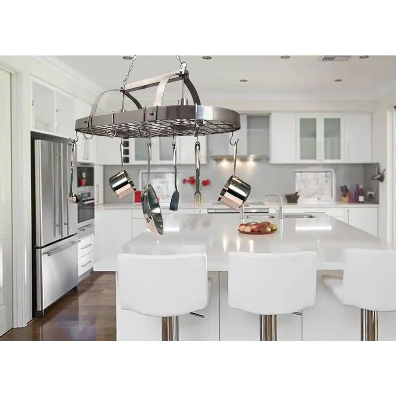 2-Light Brushed Nickel Kitchen Pot Rack Light with 10 Hooks Bulbs not Included