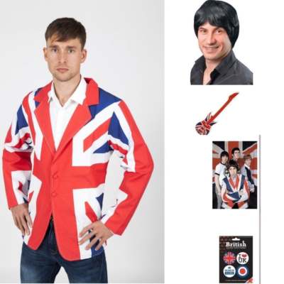 Pete Townshend Fancy Dress Kit Union Jack Jacket, 60's Wig, The Who.  UK Seller