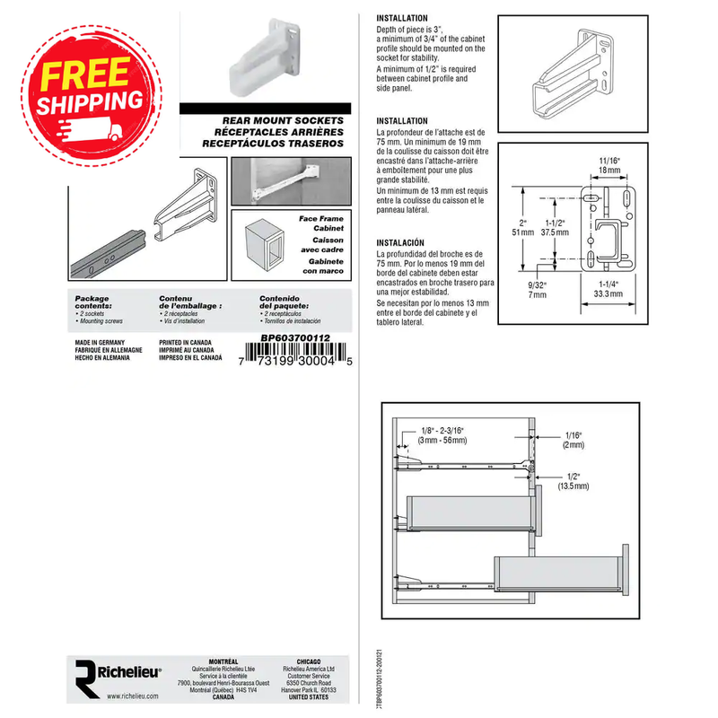 Blum White Drawer Slide Rear Socket for Blum Euro Slide Series 230M (2-Pack)