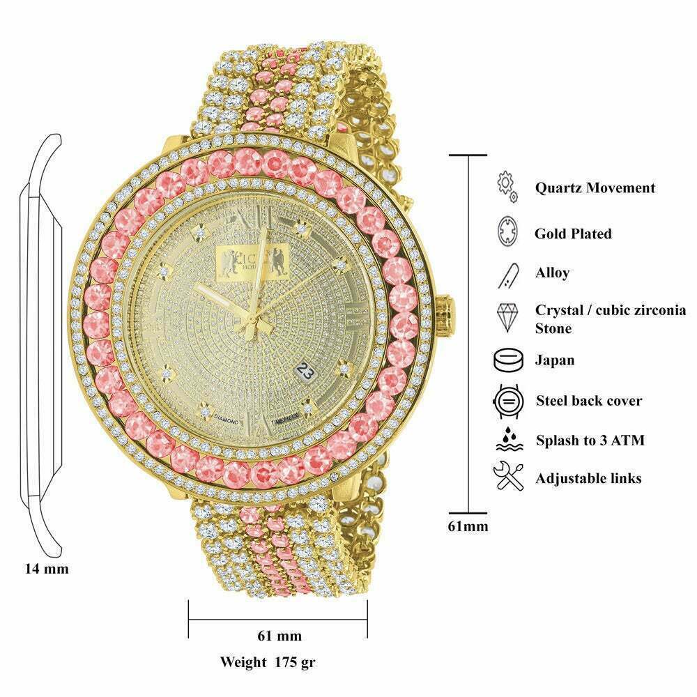 Pre-owned Ice House Men's Custom Big Face Xxl Multi Color Cz Band & Remove Able Bezel Wrist Watch