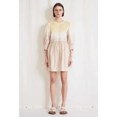 Apeice Apart Yellow Tan Cream Aldea Smocked Draw String Mini Dress M