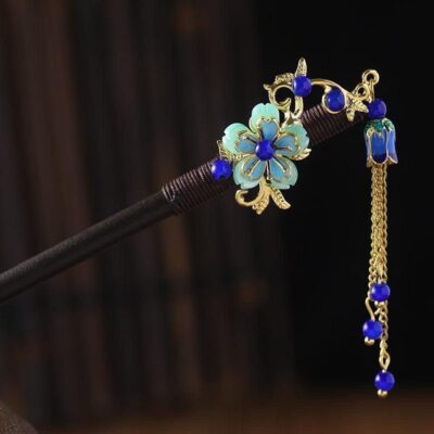 Blue Chinese Japanese Hair Stick Retro Wooden Hairpin Flower