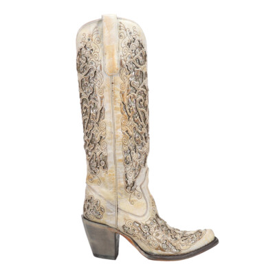 Pre-owned Corral Boots Distressed Glitter Tooledinlay Snip Toe Cowboy Womens Beige Casual