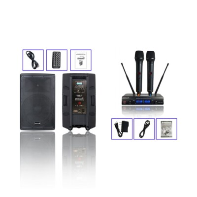 15'' Active PA Powered Karaoke Speaker W/ 2CH UHF Handheld Wireless DJ Microphone