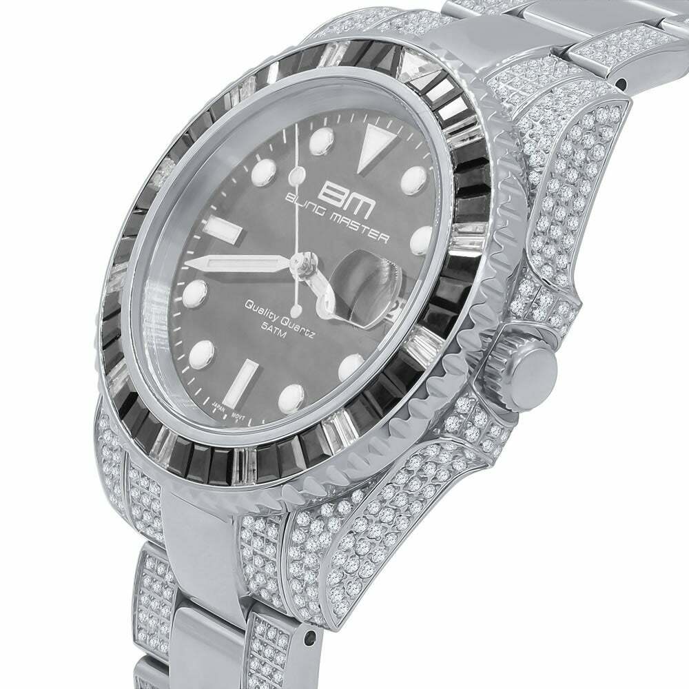 Pre-owned Bling Master Mens Solid Stainless Steel 18k White Gold Finish Simulated Diamond 40mm Watch