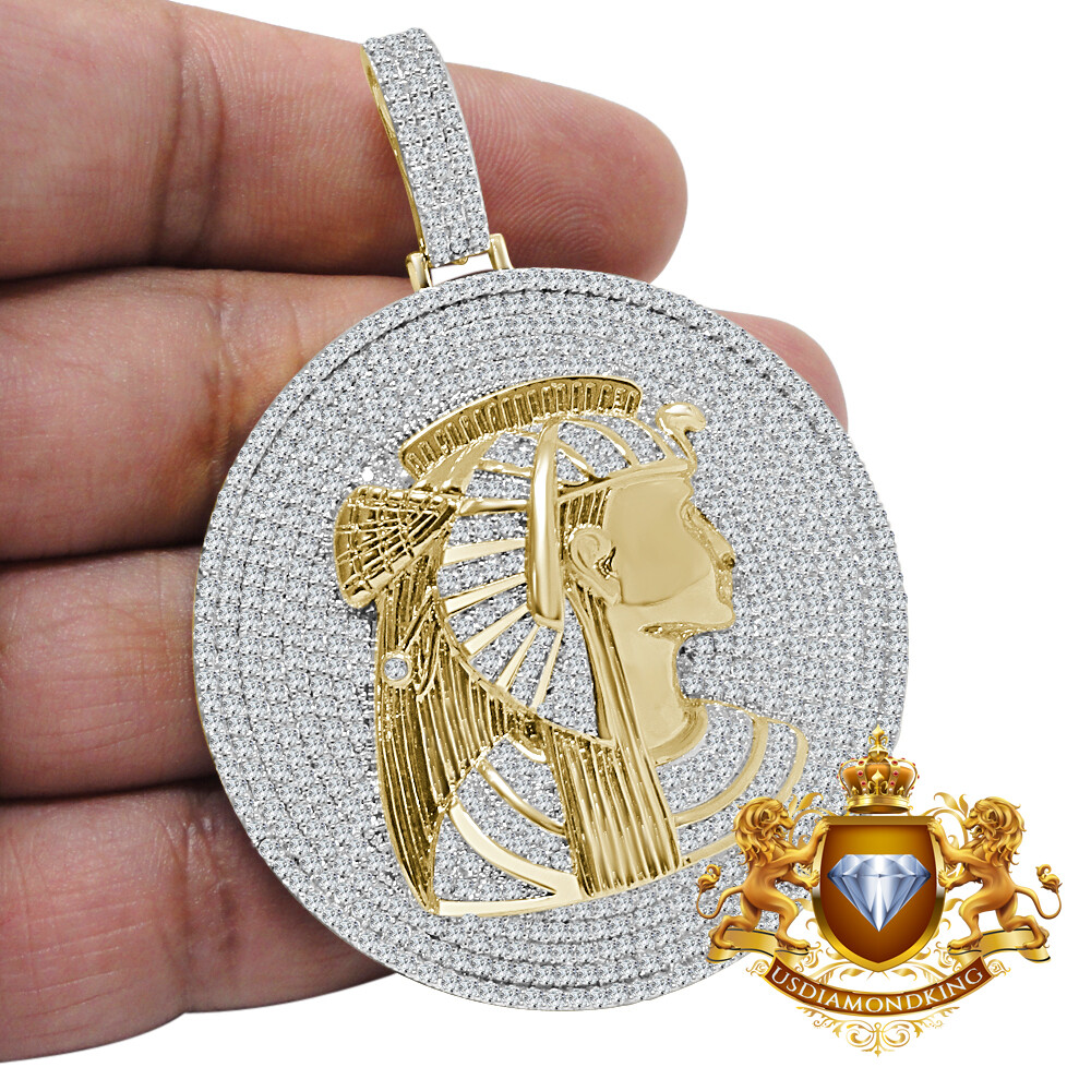 Pre-owned Us Diamond King Xl 2.85 '' Real Sterling Silver Egyptian Queen Nefertiti Pendant Charm Medallion In Yellow/clear