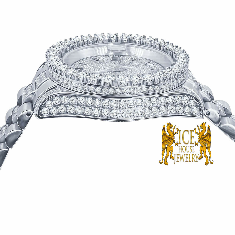 Pre-owned Bling Master 18k White Gold Solid Stainless Steel Simulated Diamonds Presidential Watch 41mm