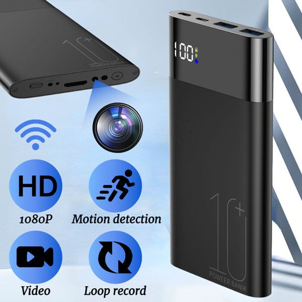 Portable power bank with hidden HD camera features.