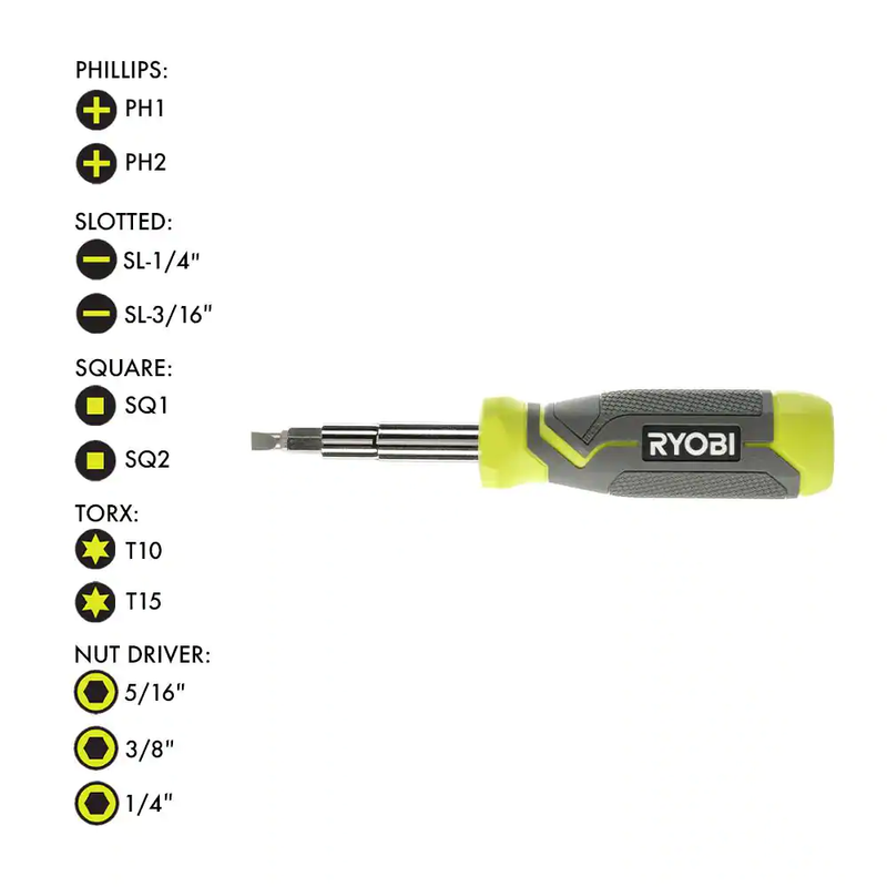 NEW Ryobi Multi-Bit 11in1 Screwdriver Cushion Grip Handle Bits and Nut Drivers