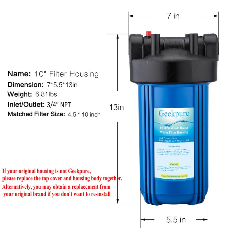 Whole House Water Filter Housing Blue Color - Fit for 4.5" x 10" Filters - NPT P