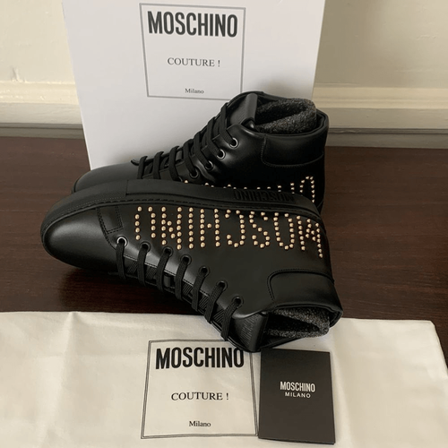 Pre-owned Moschino High Top Logo Studded Leather Sneaker Size 7 In Black