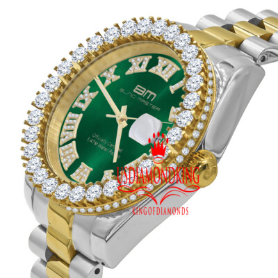 Pre-owned Bling Master 18k 2 Tone Gold Solid Steel Green Dial Simulated Diamond Presidential Mens Watch