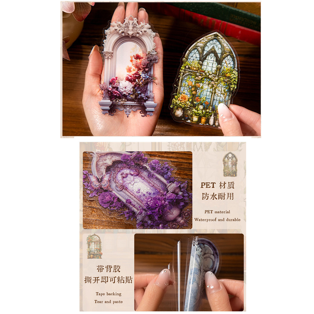 Vintage Floral Windows Journal Album PET Stickers Large Size Scrapbooking Crafts