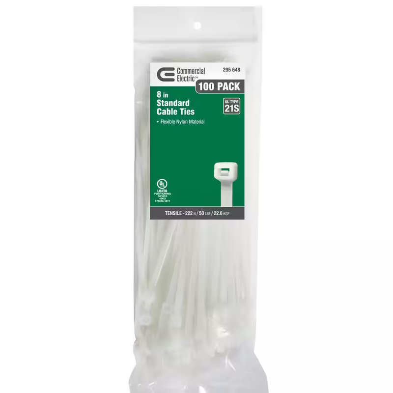 Cable Zip Ties 8 in 100 Pack White 50lb Strength Durable Indoor Wire Fasteners