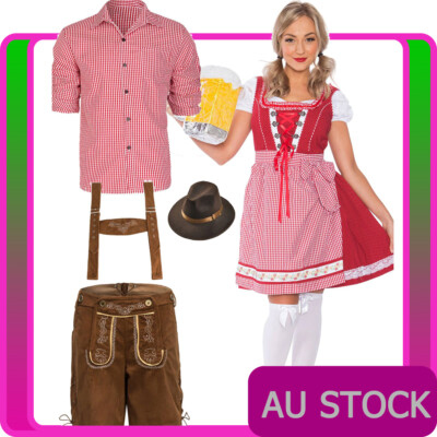 Oktoberfest Couple Costume Lederhosen Red Womens German Beer Maid Mens Bavarian