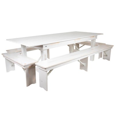 HERCULES Series 8' x 40" Antique Rustic White Folding Farm Table and Four...