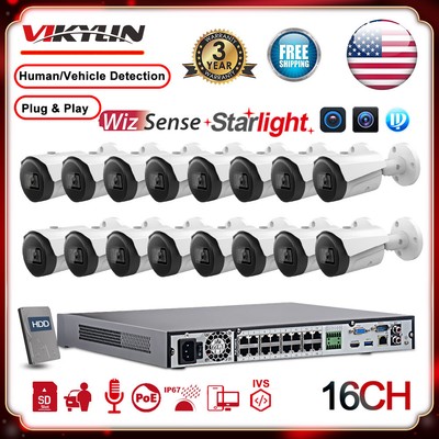 Vikylin 16CH 4MP Bullet Security IP Camera System Starlight Wizsense AI NVR Lot
