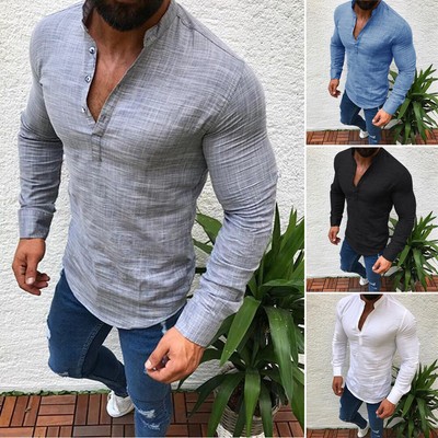 Herren VAusschnitt Stehkragen Leinenhemd T Shirt Slim Fit Langarm Sommerhemden