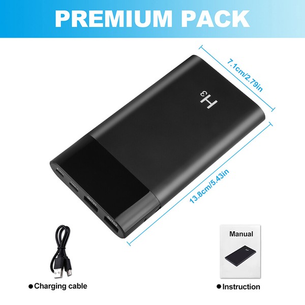 Black external battery pack with cable and manual.