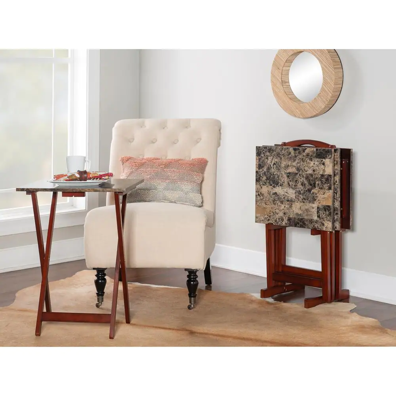 TV Dinner Tray Set Of 4 Faux Marble With Stand Wood Folding Living Room Table