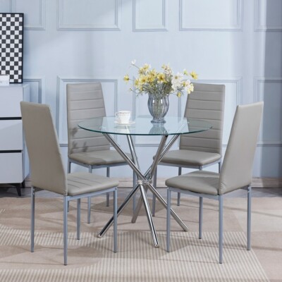 Round Clear Glass Dining Table Silver Legs & 4x Gray Faux Leather Dining Chairs