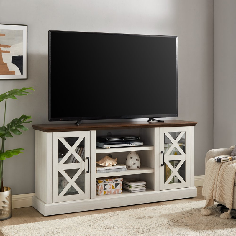 Rustic Farmhouse TV Stand Entertainment Center 70in Off-White Storage Cabinet