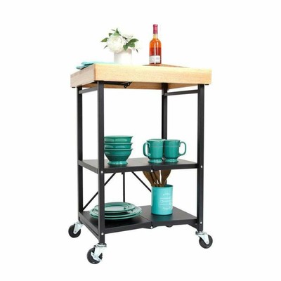 Origami Foldable Wheeled Portable Solid Wood Top Kitchen Island Bar Cart Black