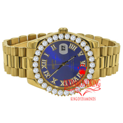 Pre-owned Bling Master Mens Solid Steel Blue Dial 18k Gold Simulated Diamonds Presidential Watch 42mm
