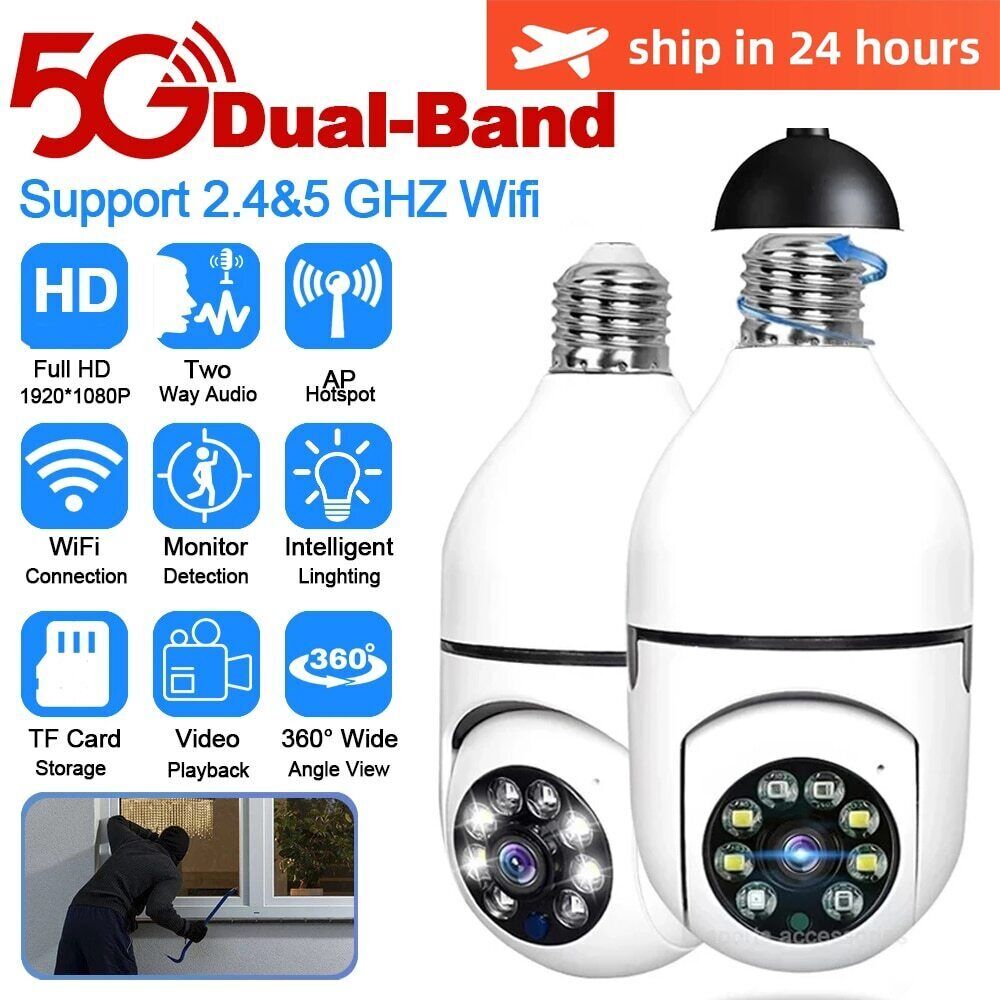 1080P HD Wireless Security Bulb Camera System Outdoor Home 5G Wifi Night Vision