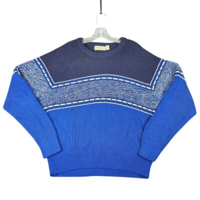St Johns Bay Vintage Color Block Knit Sweater Blue Geometric Pattern large USA