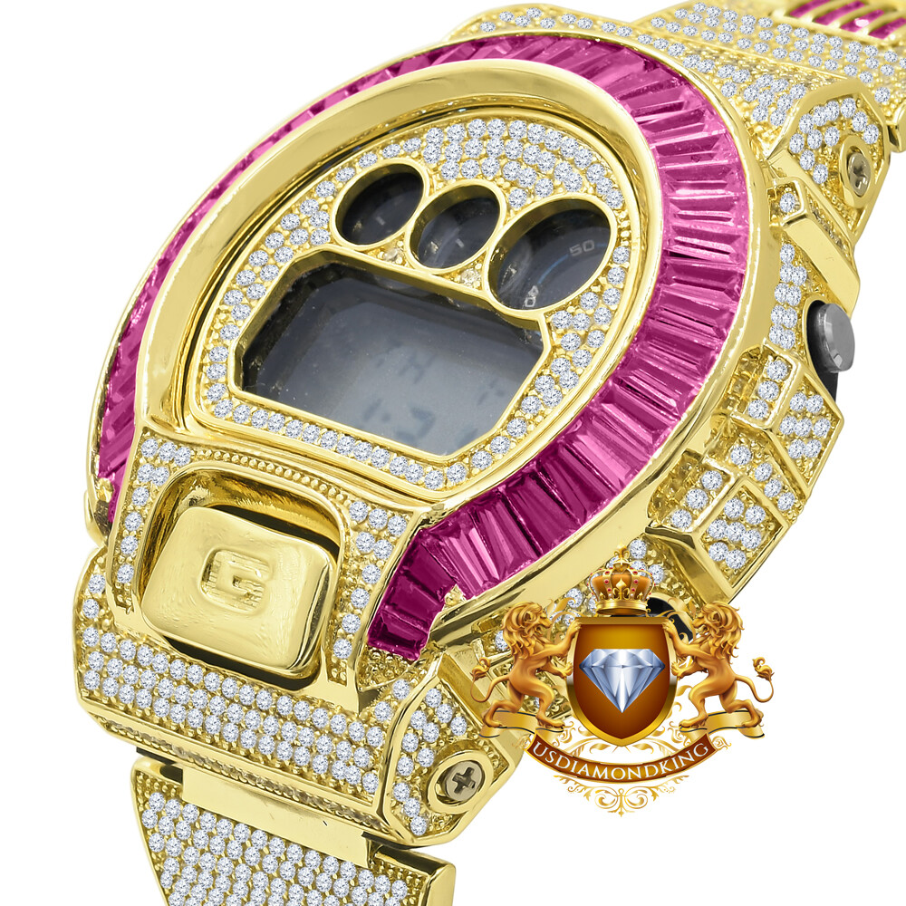 Pre-owned Usdiamondking Baguette Pink Tourmaline Gold Tone Casio Shock Authentic Dw-6900 Custom Watch