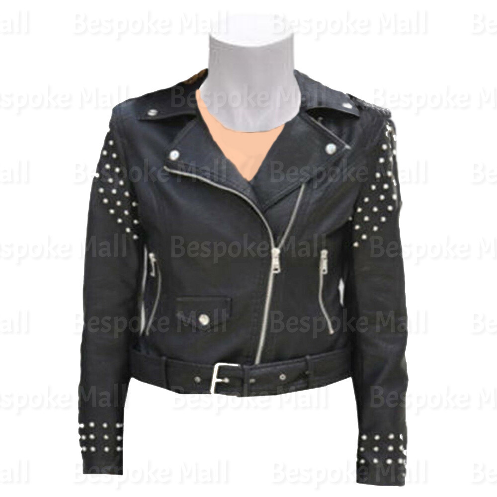 Pre-owned Handmade Woman's Punk Brando Style Silver Studded Cowhide Biker Leather Jacket-312