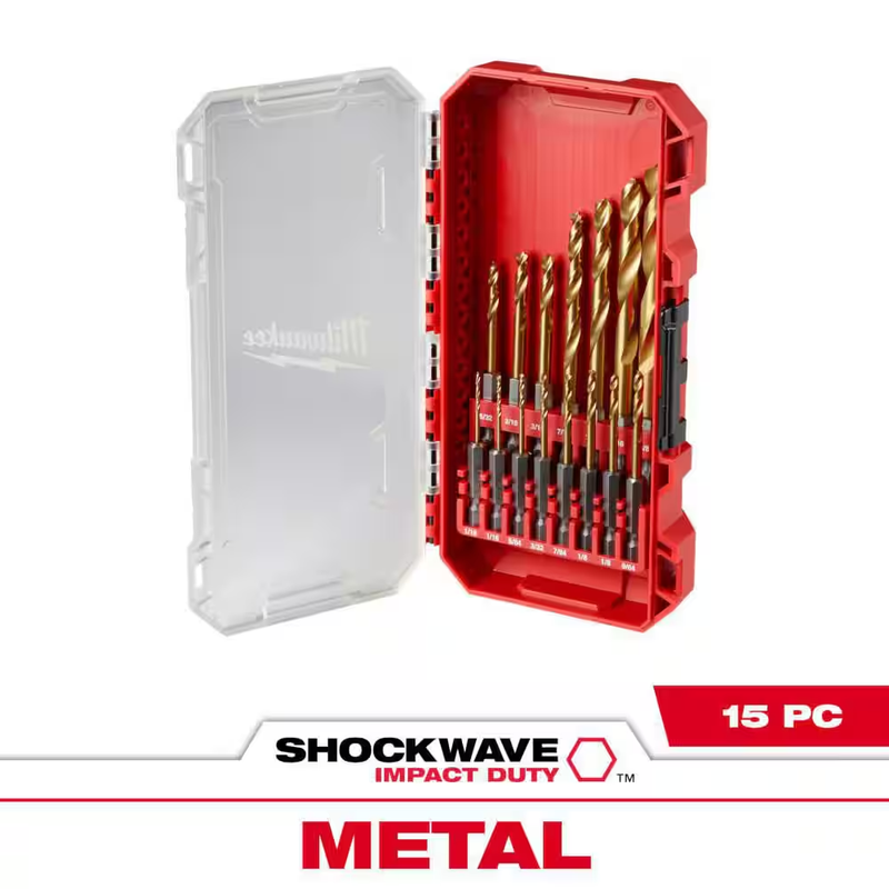 Milwaukee Shockwave Impact Drill Bit Set Titanium Red Helix Hex Shank 15Pc