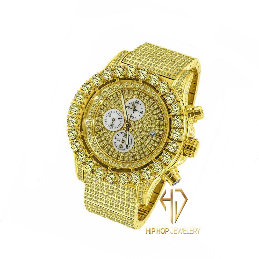 Pre-owned Blingmaster Men's Solid Stainless Steel Canary Gold Tone Finish Simulated Diamond Watch 48mm