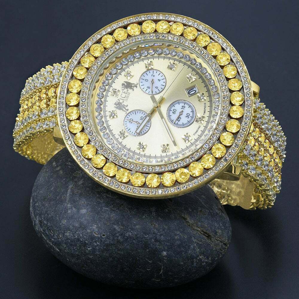 Pre-owned Ice House Men's Custom Big Face Xxl Multi Cz Canary & White Remove Able Bezel Wrist Watch