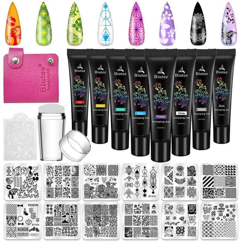 Nail Stamping Plates Set 12Pcs Templates 8 Colors Nail Stamping Polish Gel Nail