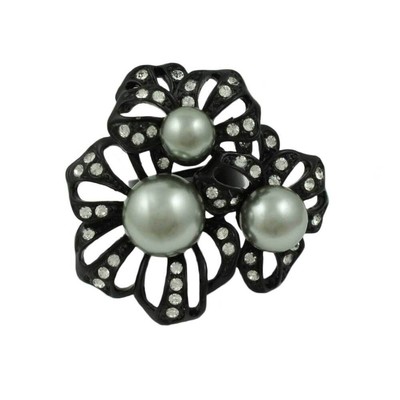 Black Enamel Flower with Gray Pearls Adjustable Ring - RP309