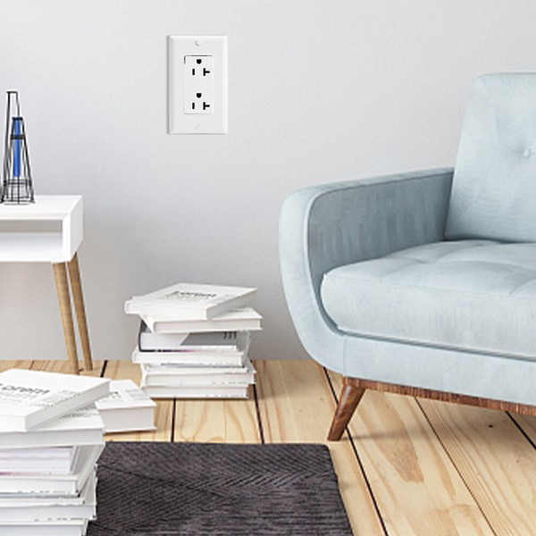 Modern minimalist living room with blue armchair.