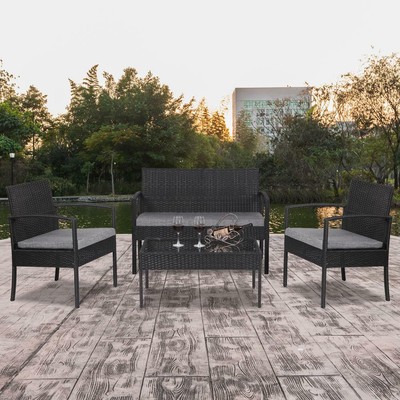 4 PCS Outdoor Patio Rattan Wicker Furniture Set Sofa Loveseat W