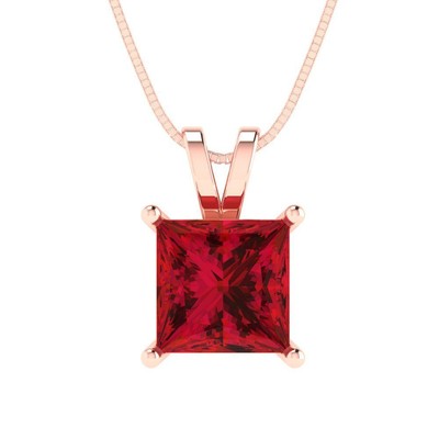 2.0ct Princess Cut Solitaire Simulated Ruby Rose Gold Pendant with 16'' Chain