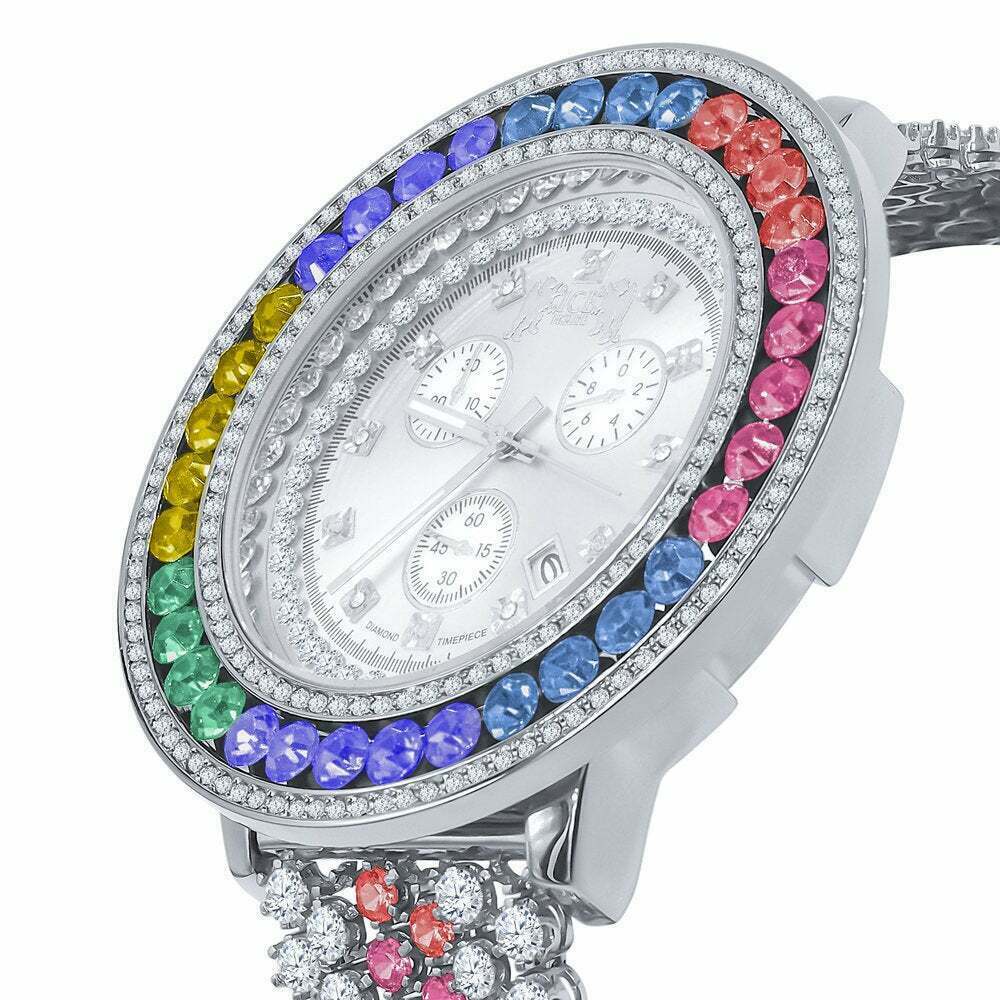 Pre-owned Ice House Mens Custom Watch Rainbow Multi Tone Real Diamond Dial 18k White Gold Finish Xxl