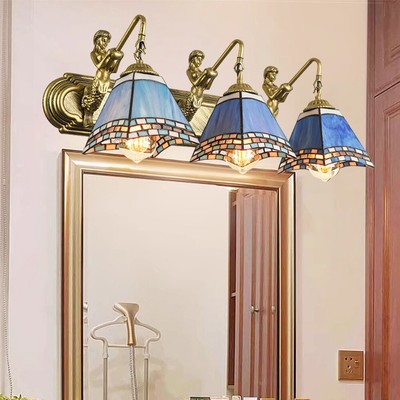 3 Bulbs Tiffany Wall Lamp Trapezoid Shade Wall Sconce Bathroom Mirror Front Lamp