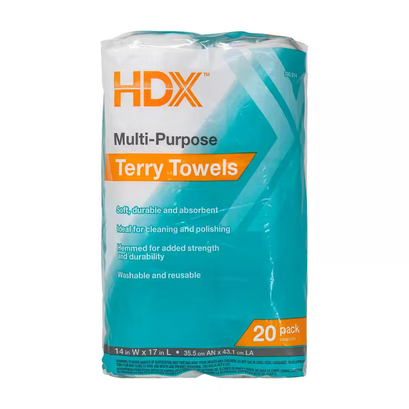 HDX Terry Towels 14x17in 20 Pack Cotton Multi Purpose Cleaning Wiping Polishing