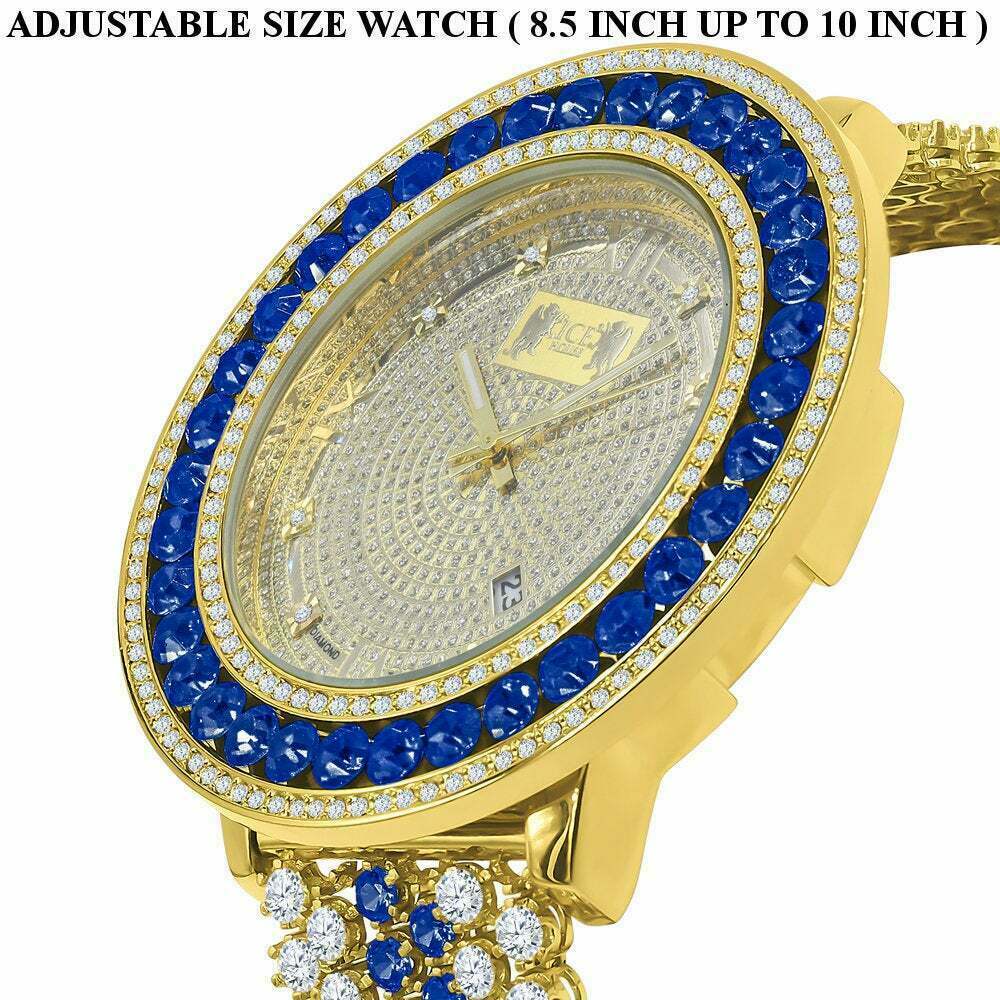 ICE HOUSE BLUE SAPPHIRE REAL GENUINE DIAMOND MENS CUSTOM WATCH 18K YELLOW GOLD TONE W/DATE