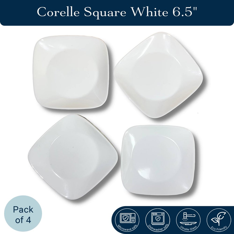 Corelle Square Pure White 6.5" Appetizer Plate, Vitrelle Glass (Pack of 4)