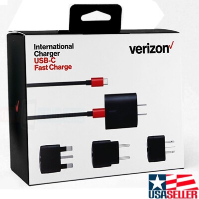 Verizon USB-C Fast Charger + Data Cable + International UK EU Aisa Adapters Kit