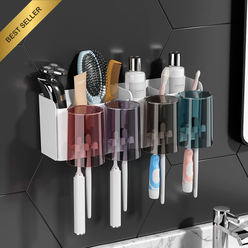 Toothbrush Holder Wall Mounted Adhesive 4 Cups 4 Slots Multifunctional