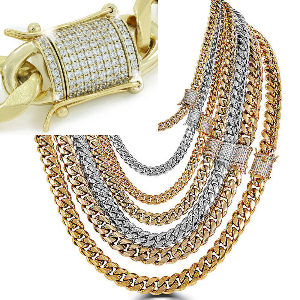 Miami Cuban Link Chain W. 1ct Diamond Clasp 14k 18k Gold Plated Stainless Steel