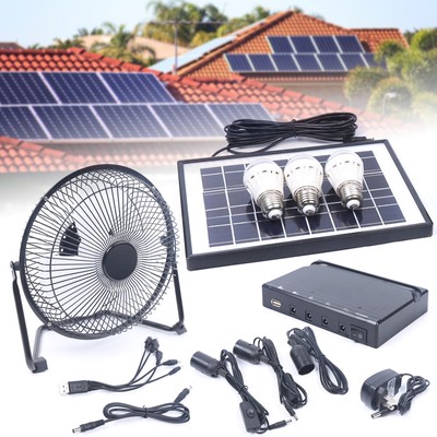 Portable Solar 3xLighting LED & Fan Kit For Home Outdoor Camping 3600mAh 12V