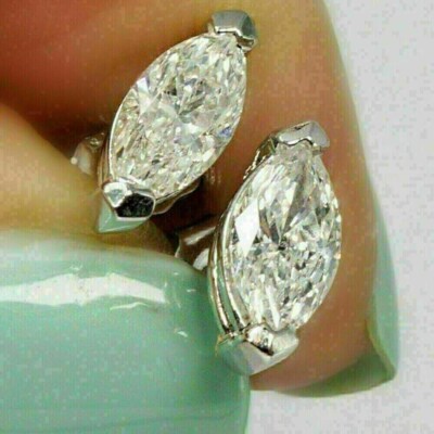 2Ct Marquise Cut Lab Created Diamond Stud Earrings 14k White Gold Plated Silver
